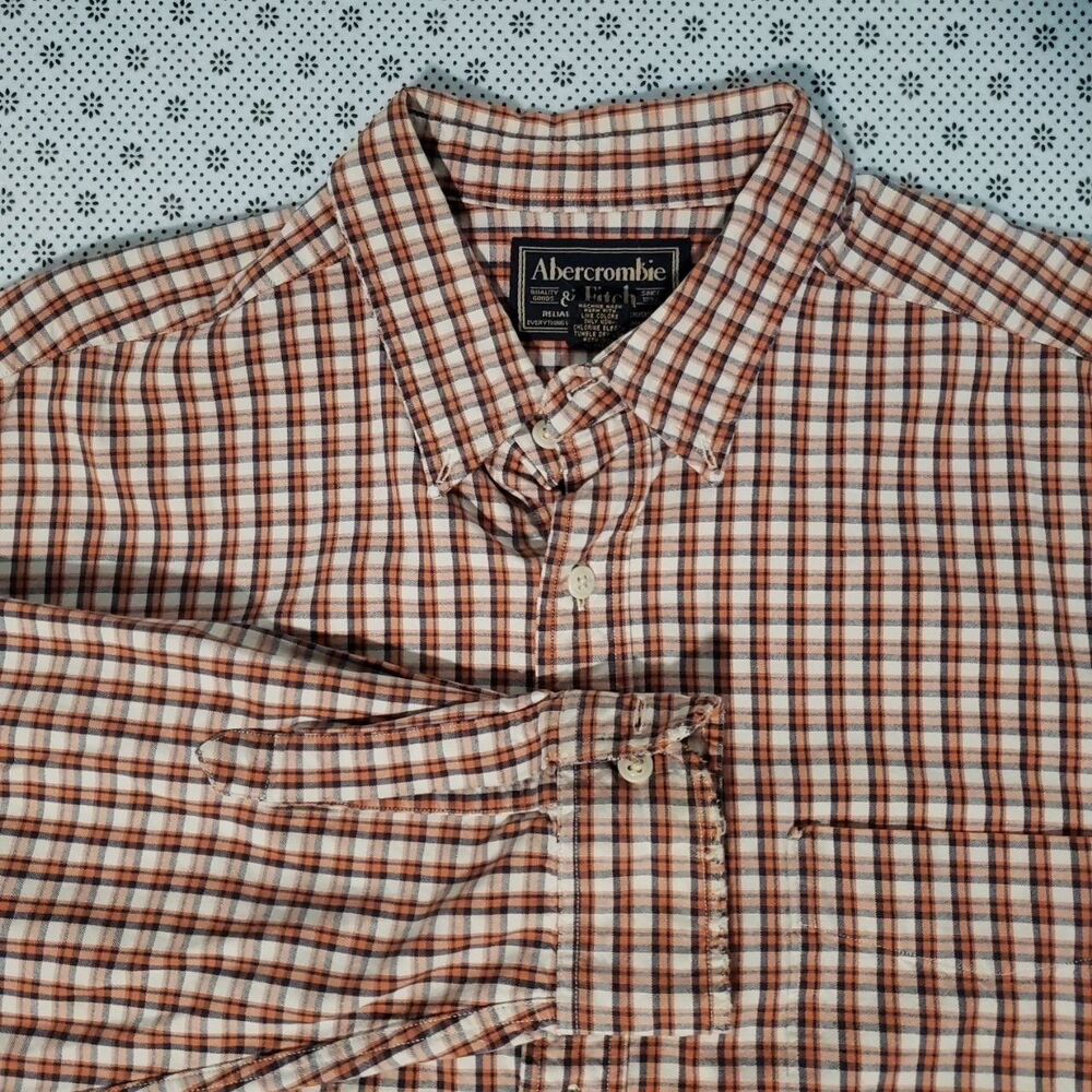 Abercrombie & Fitch Men's L Plaid Long Sleeve Button Up Shirt Orange Navy